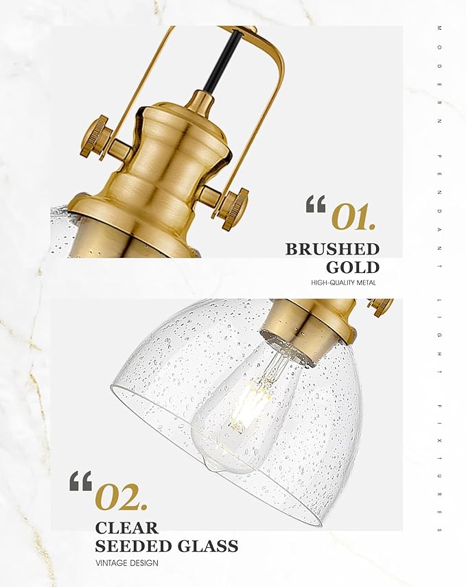 Pendant Lights Kitchen Island, 7.5" Farmhouse Pendant Lighting with Clear Seeded Glass Shade, Vintage Hanging Light Fixtures for Dining Room, Brushed Gold, AD-22151-1P-GD
