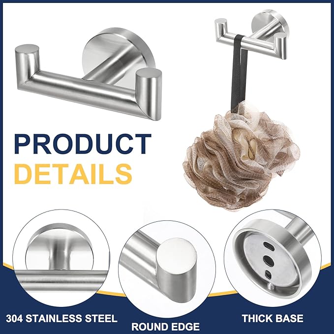 uxcell Double Towel Hook, Stainless Steel Coat Hook, Wall Mount Robe Hooks Hand Towel Hanger for Bathroom Kitchen Living Room, Brushed Silver