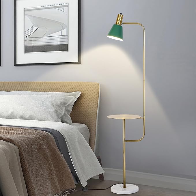 Hsyile Contemporary Modern Creative Floor Lamp with a Table,Suitable for Living Room,Den,Office,Bedroom - Standing Lamp Tall Floor Lamp - Brushed Brass Finish and Green Lampshade