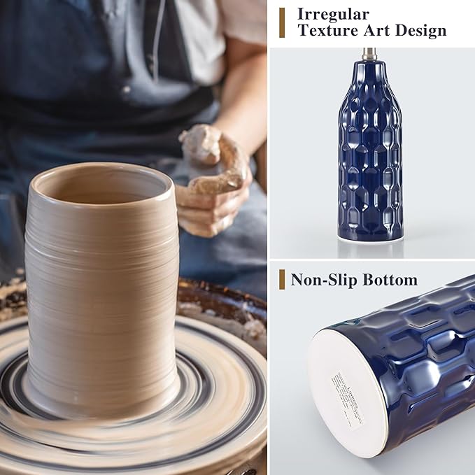 Luvkczc 24.8" Ceramic Table Lamps Set of 2 for Nightstand - 3 Color Temperature&Bulbs Included, Bedside Lamps for Living Room Bedroom Home Office Table Decor, Navy Blue