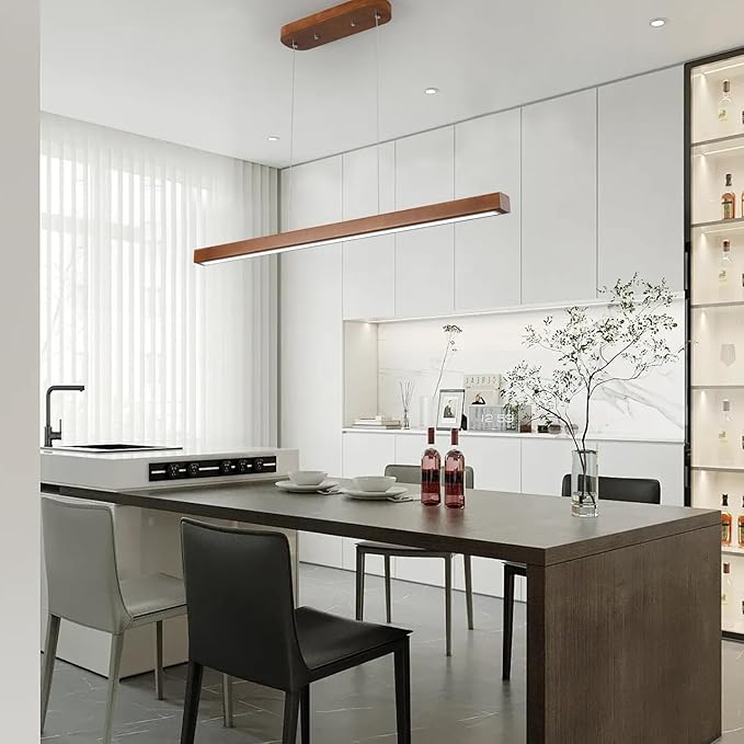 39 Inch Wood Linear Pendant Light Dimmable LED Kitchen Island Lighting with Remote Adjustable Hanging Chandelier for Dining Room Bar Pool Table 24W Modern Farmhouse Fixture Walnut Color