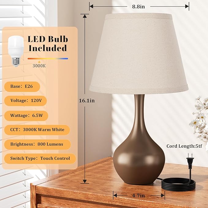 Seealle Touch Table Lamp for Bedroom, 3-Way Dimmable Small Bedside Lamps for Night Stands with Wires, Brown Desk Lamp for Kids Room, Office, Living Room, End Table(LED Bulb Included)