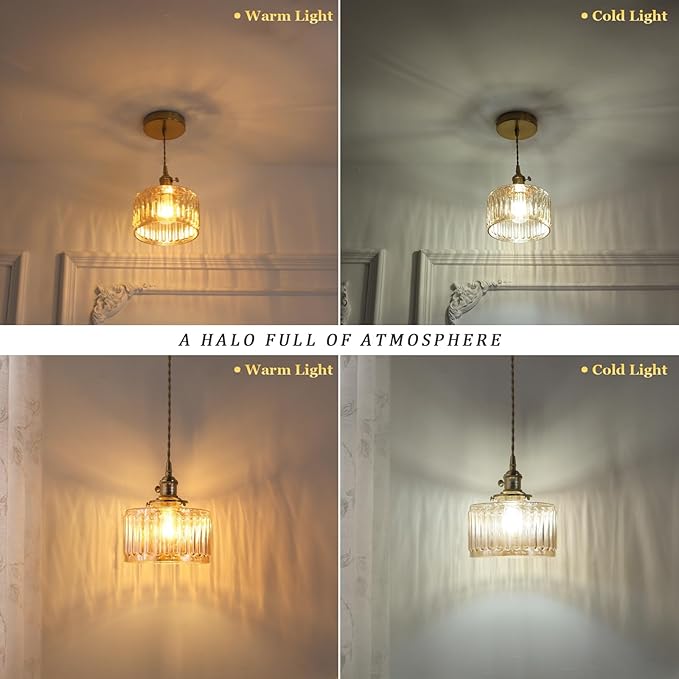 Pendant Light 2 Pack with Amber Striped Glass Lmapshade, Brass Vintage Pendant Light Adjustable Hanging Light for Kitchen Island Dining Room Hallway