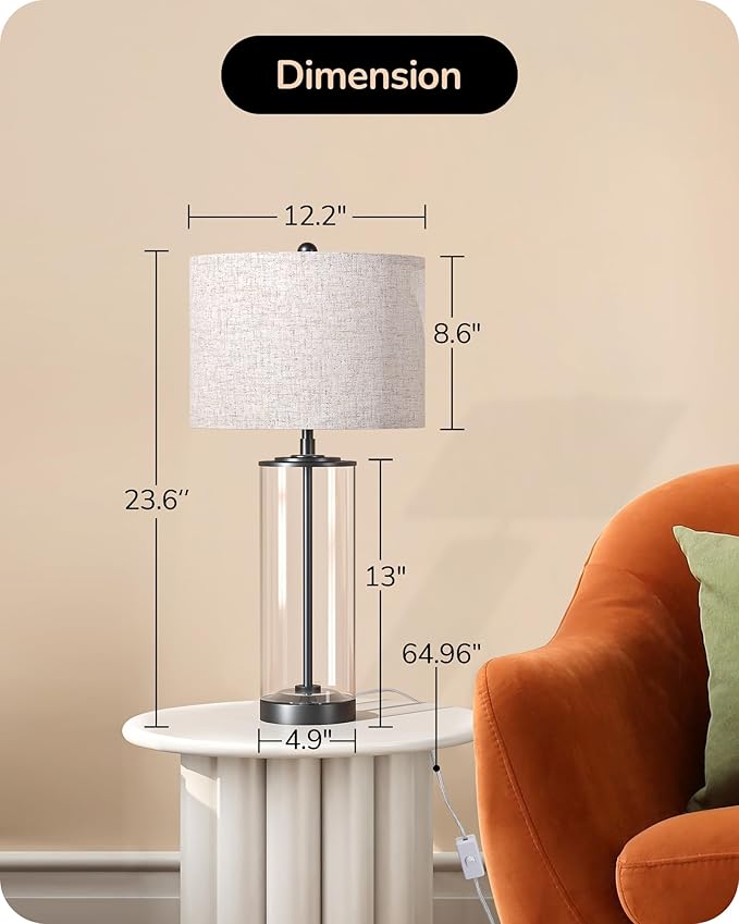 EDISHINE 23.6" Glass Table Lamp Set of 2, DIY Refillable Bedside Lamp with Linen Lampshade & Rotary Switch, E26 Base, Nightstand Light for Living Room, Bedroom, Office