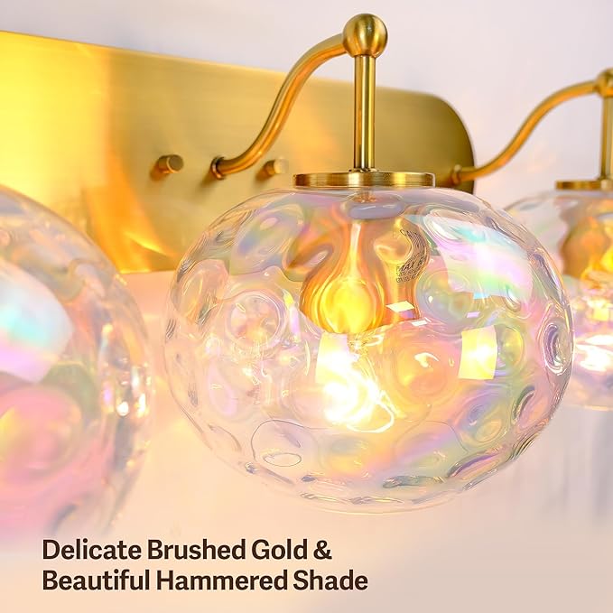 23" Brushed Gold Vanity Light Stained Hammered Glass Wall Sconce 3-Light Brass Wall Lamp for Hallway Living Room Stairwell Bathroom Over Mirror (Brass Gold, 3-Light)