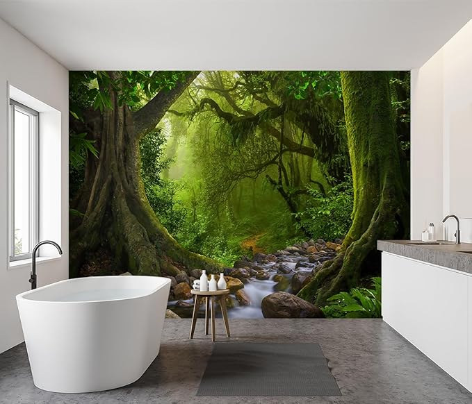 -Green Forest Landscapes Woodland Tree Fabric Wallpaper Living Room Bedroom Bathroom Flowing Jungle Wall Mural- 137"x96"（ not Peel and Stick）