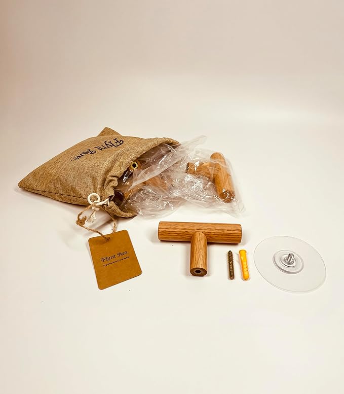 Wooden Coat Hooks, Decorative Wall Hooks for Bags, Hats, Coats, Purse, Heavy Duty, Sturdy, Natural Oak, Easy to Install, Holds Up to 7lbs - Pack of 5