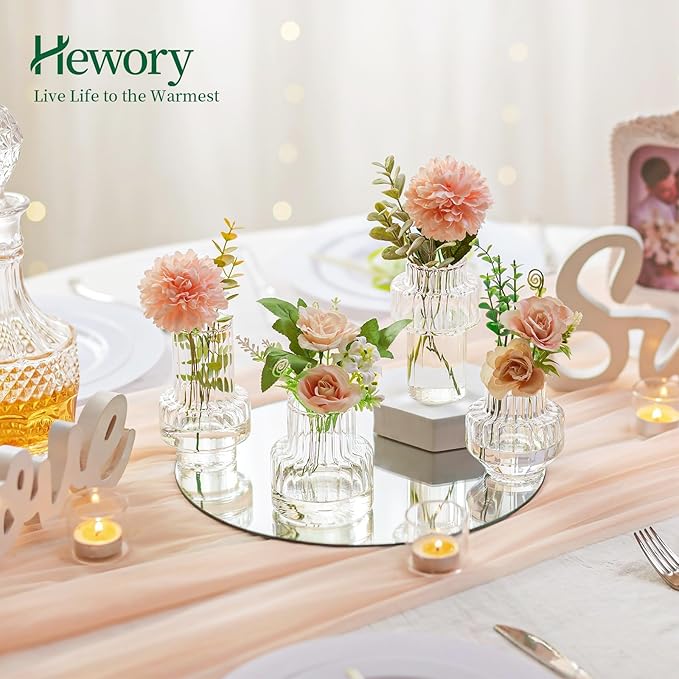 Hewory Ribbed Bud Vases for Centerpieces: Set of 4 Small Clear Glass Vase for Bridal Baby Shower Home Decor - Modern Table Decoration for Wedding & Event Planners