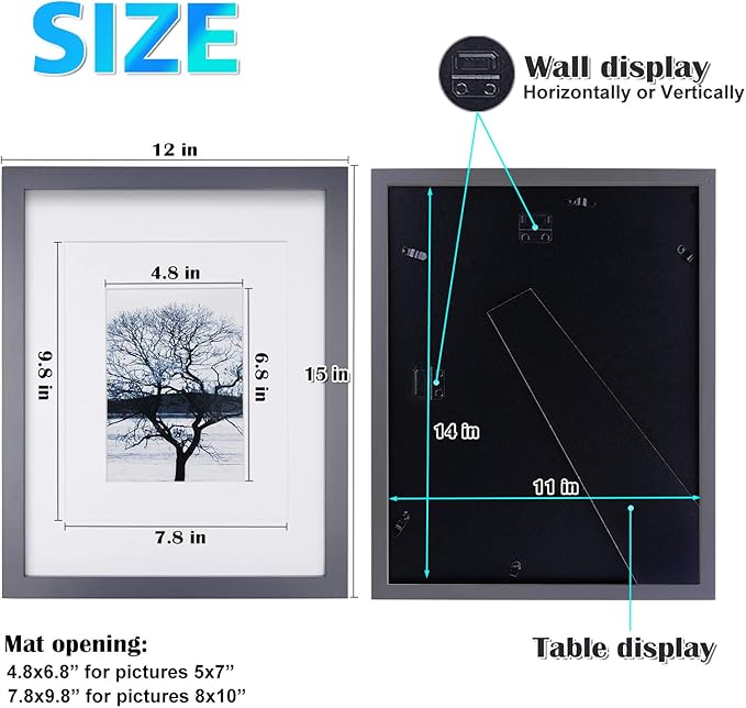 Egofine 11x14 Picture Frames 4 Pack Display Pictures 5x7/8x10 with Mat or 11x14 Without Mat Made of Solid Wood Covered by Plexiglass for Table Top Display and Wall Mounting Photo Frames, Dark Gray