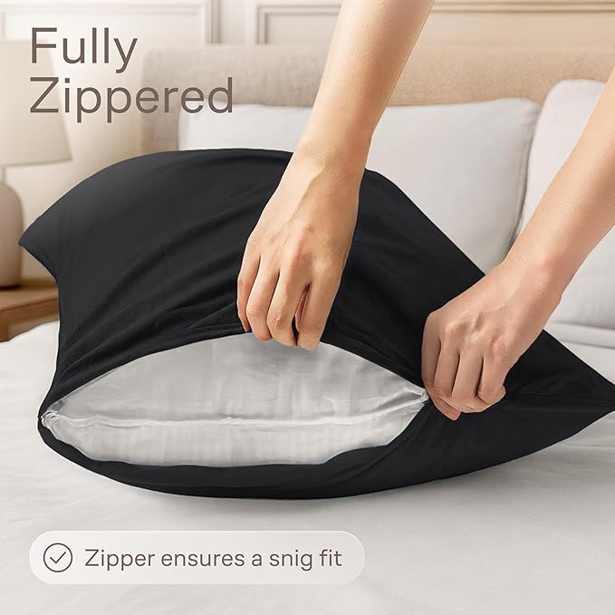 Ultra Soft Pillow Protectors with Zipper Standard Size - Set of 4 Breathable Pillow Covers - 100% Protection Against Stains, Dust & Dirt - Machine Washable (Black)