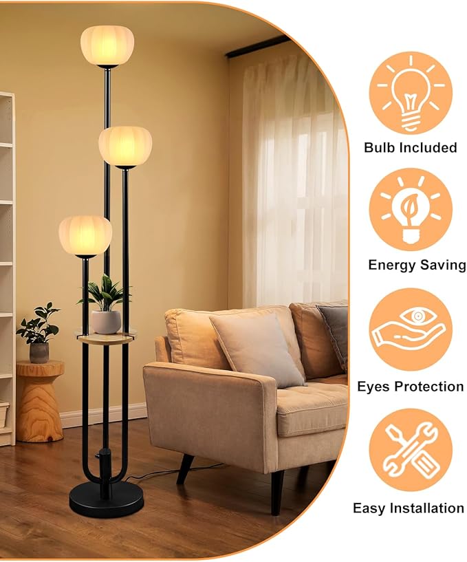 Lightdot Black Floor Lamp with Table, Modern Dimmable Floor Lamps with Pumpkin Lampshade, 3000K Soft Warm White Bulbs Included, 3-Light Tall Standing Lamp for Living Room/Bedroom