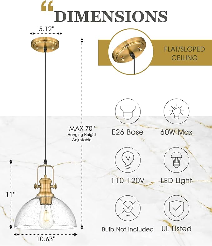 Pendant Lights Kitchen Island, 10.5" Farmhouse Pendant Lighting with Clear Seeded Glass Shade, Vintage Hanging Light Fixtures for Dining Room, Brushed Gold, AD-22151-1PL-GD
