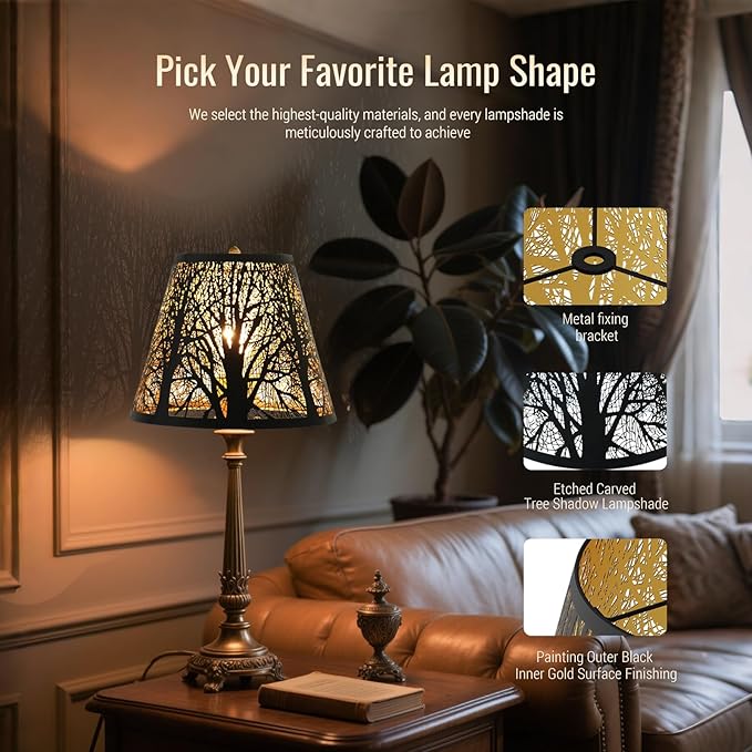 Small modern black gold lamp shades,metal boho scalloped lamp shade,Lamp shade replacement 5" top, 9" bottom, 7" high (Spider Fitter) lamp shades for table lamps and floor lamp,Unique Forest Etched