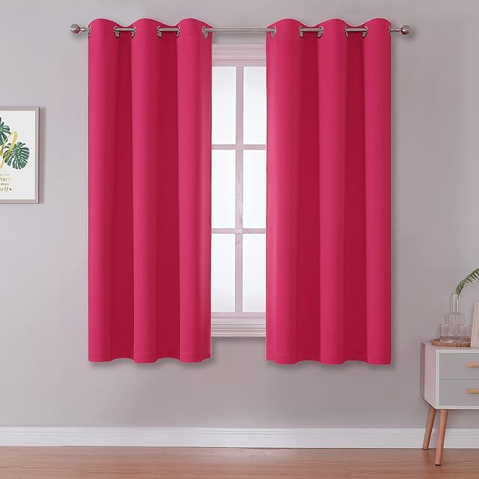 DUALIFE Pink Curtains 54 Inch Length for Kids Room Thermal Insulated Hot Pink Blackout Curtains for Baby Nursery Small Short Window Drape Grommet 38x54 Inches Long Raspberry Sorbet
