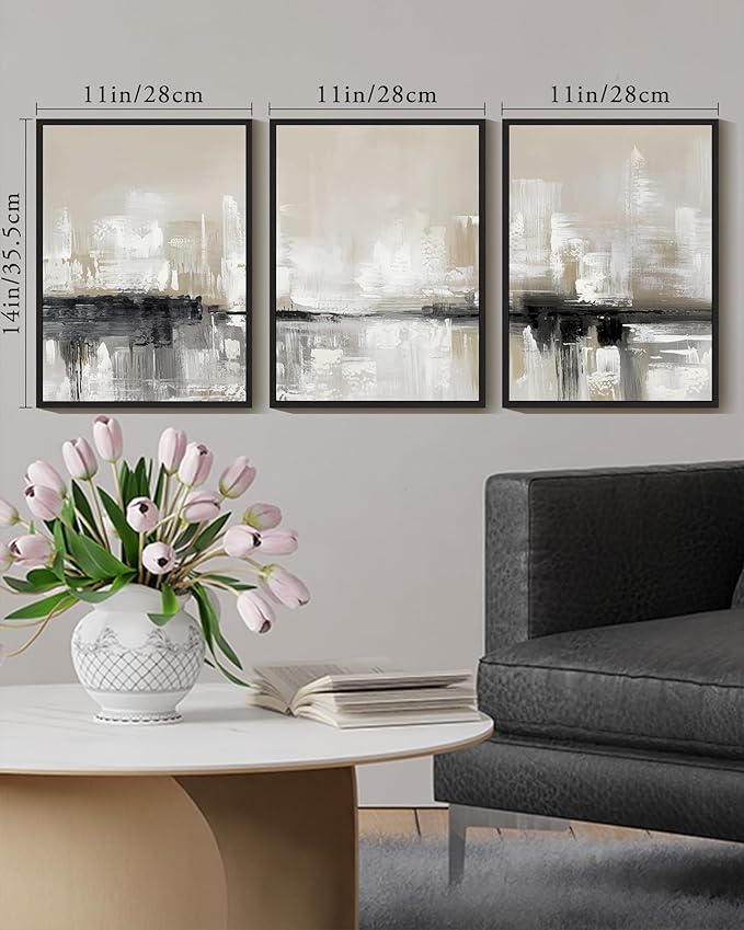 KUVIOKE Abstract Gray Framed Wall Art Neutral Brown Artwork Painting Morden Minimalist Wall Decor Rustic Home Decor 11x14in (Black Framed)