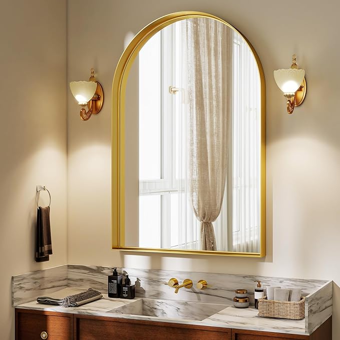 26" x 38" Luxury Arched Bathroom Mirror - Arch Wall Mirror with Shatterproof Tempered Glass and Metal Deep Frame, Hanging or Leaning for Living Room, Dresser, Entrance and Hallway, Gold