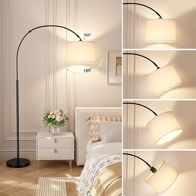 Ambimall Dimmable Arc Floor Lamp with Remote, Color Temperatures and Brightness Adjustable, Arched Floor Lamp with Rotating Head, Over Couch Arched Reading Light for Living Room (White and Black)