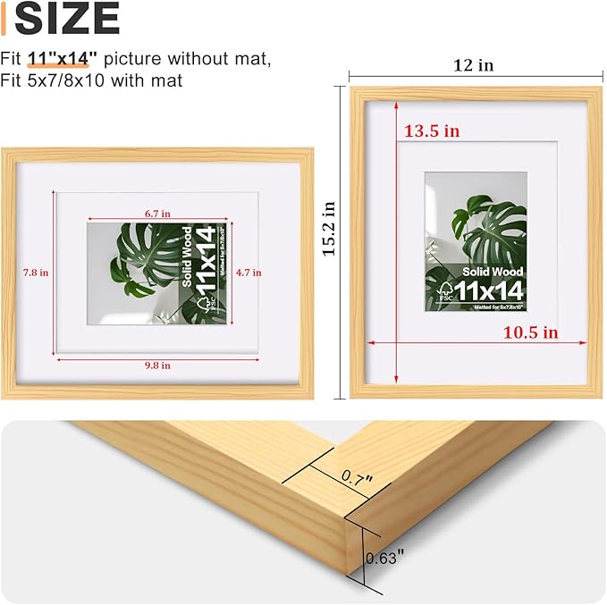 Egofine 11x14 Picture Frames Natural Wood Frames with Plexiglass, Display Pictures 5x7/8x10 with Mat or 11x14 Without Mat Set of 4 for Tabletop and Wall Mounting