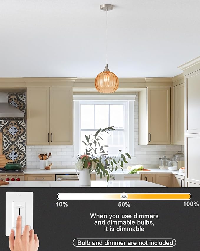 Brushed Nickel Pendant Lights Kitchen Island, Globe Pendant Light Fixtures with 8 Inch Clear Glass Shade, Modern Hanging Light Fixtures for Kitchen, Bedroom (1 Pack - Amber Glass Pendant Light)