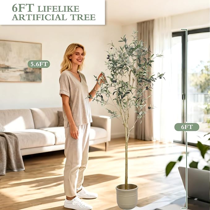 Artificial Olive Tree 6 ft, 71 Inch Faux Olive Tree with White Planter, Natural Olive Branches and Realistic Leaves for Modern Home Office Living Room Floor Decor