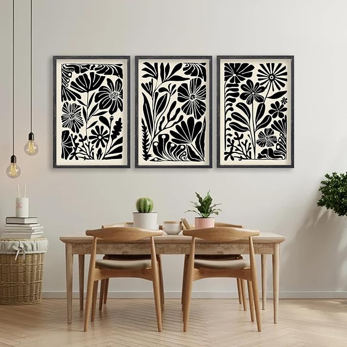 Abstract Floral Botanical Boho Wall Art 16x11 Inch Set of 3 Black and White Minimalist Botanical Pictures Prints for Bedroom Modern Home Living Room Scandinavian Style Wall Hanging Decor (Black)