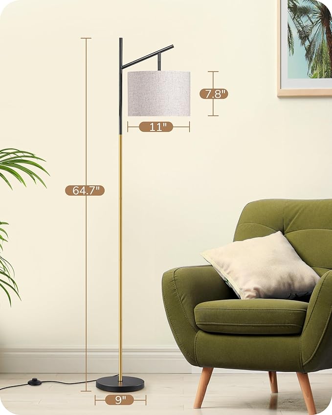 EDISHINE Modern Floor Lamps for Living Room, 64.7" Minimalist Standing Lamp with 3 Color Temperatures Bulb & Adjustable Linen Shade, Foot Pedal Switch, Arc Tall Lamp for Bedroom Office, Black Gold