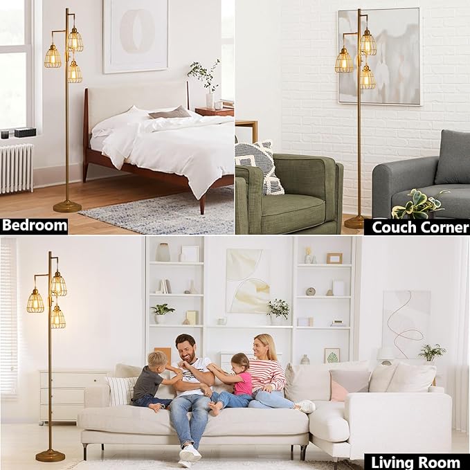 9MMML Gold Dimmable Floor Lamp,Industrial Farmhouse Tall Standing Floor Lamp for Living Room, Bedroom, Corner,Office,Gold 3 Teardrop Cage Lampshade,68”Height,3 LED Bulb Included