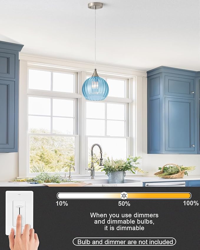 Brushed Nickel Pendant Lights Kitchen Island, Globe Pendant Light Fixtures with 8 Inch Clear Glass Shade, Modern Hanging Light Fixtures for Kitchen, Bedroom (1 Pack - Blue Glass Pendant Light)