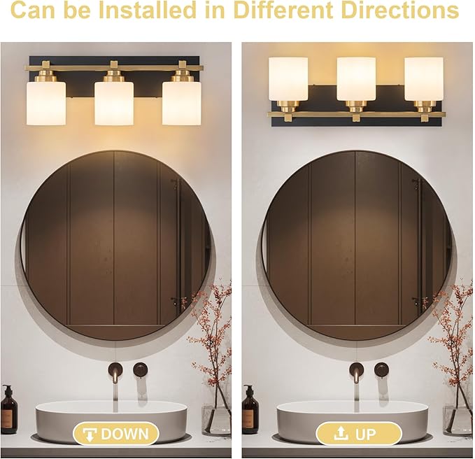 3 Light Modern Bathroom Light Fixtures Over Mirror, Black Gold Vanity Lights for Bathroom Wall Sconces with Milky White Glass Shades, E26 Socket (Bulbs Not Included)
