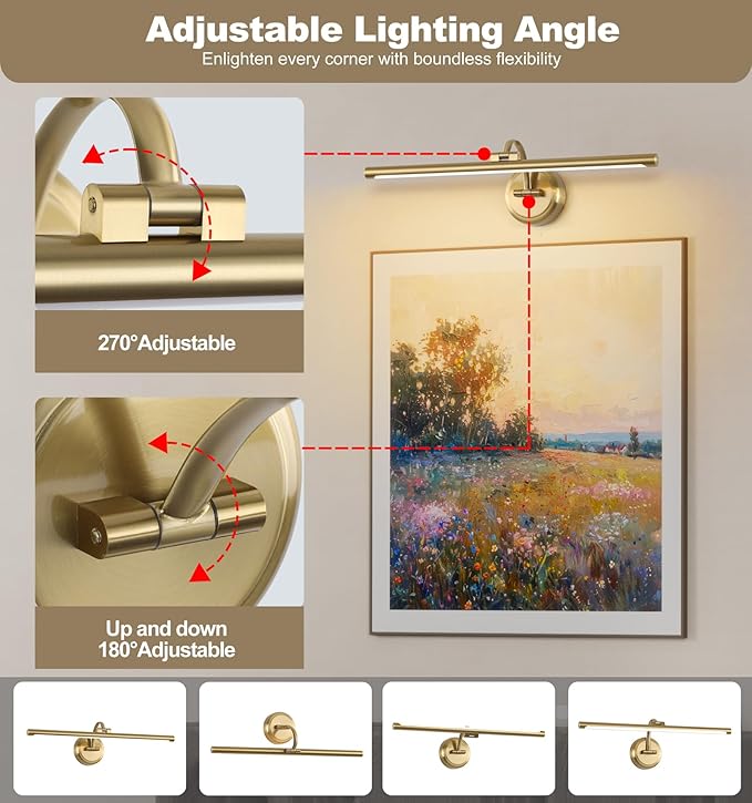 Hard-Wired Picture Lights 23.62 Inch Dimmable LED Wall Art Lighting Modern Brass Gallery Light Poster Lights Adjustable Swing Arm Picture Frame Light for Display Art Work,14W,2700K, Warm White