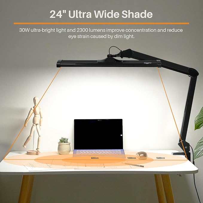 LED Architect Desk Lamp, 2300 Lumens, Dimmable, Metal Swing Arm, 5 Color Temperatures, 30W, Ideal for Task Work, Drafting, Reading, Clamp-on Office Table Lamp with 360 Bright LEDs (Black, CCT)