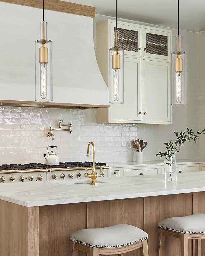 AUTELO 3-Pack Pendant Lights Kitchen Island, Brushed Gold Pendant Light Fixtures, Vintage Pendant Lights with Clear Cylinder Glass, Hanging Light for Kitchen Island, Dining Room, H3875 BG-3PK