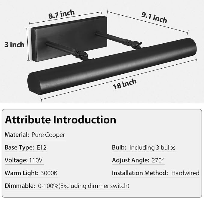 Matte Black Picture Lights for Wall, 18" Linear Picture Light Hardwired, 3-Light Bronze Art Light, Warm White 2700k Dimmable Gallery Light, 270° Picture Frame Lights for Bathroom, Living Room, Hallway