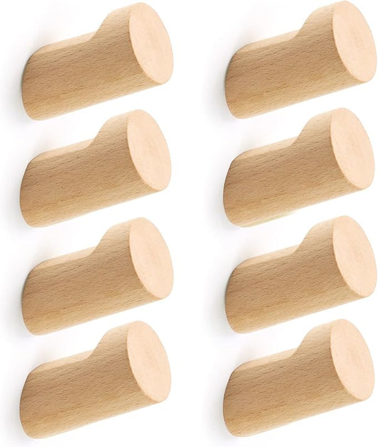 Wood Wall Hooks for Hanging, 8 Pack Hat Hook for Walls, Coat Hook Wall Mount, Backpack Hooks for Walls, Bathroom Towel Hanger (Natural)