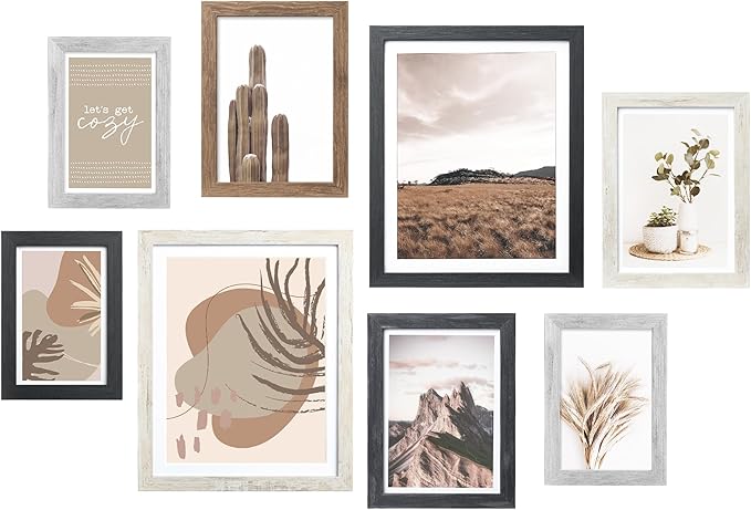 ArtbyHannah Gallery Wall Frame Set,Vintage Multi-color Picture Frames Collage Wall Decor with Neutural Art for Living Room Stariway,8 Pack Assorted Size 8"x10",5"x7",4"x6", Small