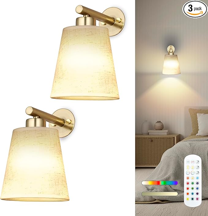 Battery Operated Wall Sconce Set of 2,Gold Rechargeable Wall Lights with Lampshade Dimmable RGB Bulbs and Remote,15 Colors Wireless Wall Lamps for Bedroom Living Room (Gold)