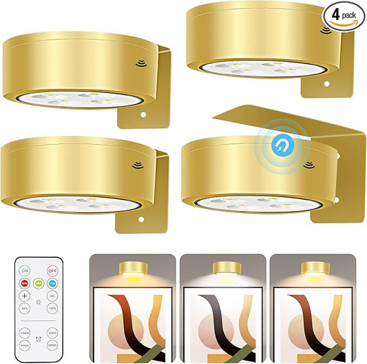 TTQ 4 PCS Magnetic Picture Lights for Wall Battery Operated,Wall Painting Light with Wireless Control,Art Display Light,Wall Decor Puck Lights for Picture Frame Portrait Artworking