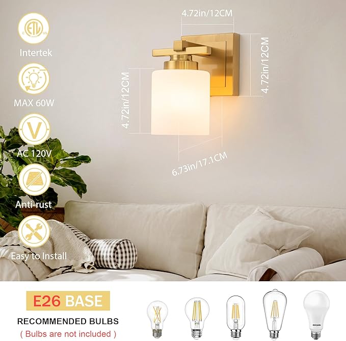 1 Light Modern Bathroom Light Fixtures Over Mirror, Brass Finish Vanity Lights for Bathroom Wall Sconces with Milky White Glass Shades, E26 Socket (Bulbs Not Included)