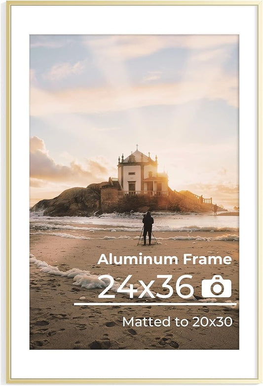 24x36 Metal Picture Frames, Aluminum Poster Frame with Removable Mat for 20x30 Photo, 24x36 Thin Hanging Frames, Sawtooth Picture Hangers Included for Home Wall Decor, Golden, Set of 1