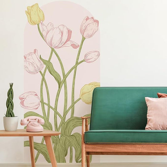 Large Floral Wall Decals Peel and Stick Tulip Floral Arch Decal 59" H x 29.5" W Tulip Flower Wall Art Pink Yellow Vinyl Stickers for Door Bedroom Bathroom Entrance Decor