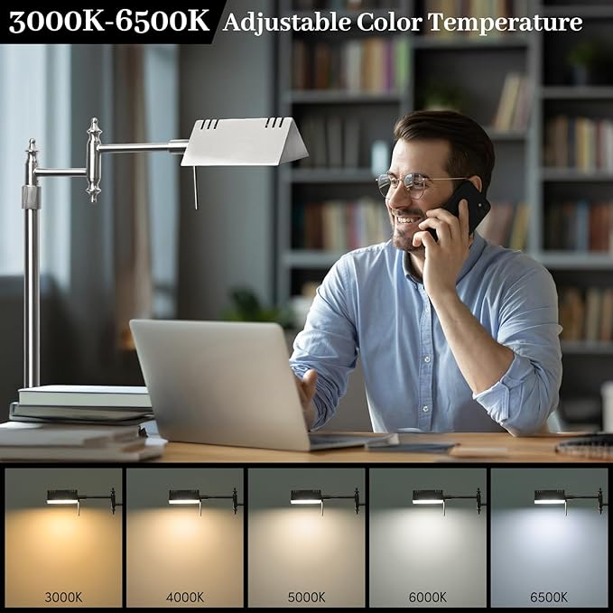 Dimmable Pharmacy Floor Lamp with Remote, 15W LED Reading Floor Lamp with 360°Swing Arm, 3 Color Temperature, Height Adjustable Silver Standing Task Lamp for Living Room, Bedroom, Brushed Nickel