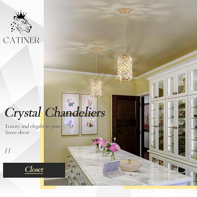 1-Light Gold Crystal Pendant Light, Mini Ceiling Hanging Light Fixture with K9 Prisms for Kitchen Island, Bathroom, Bedroom, or Bar