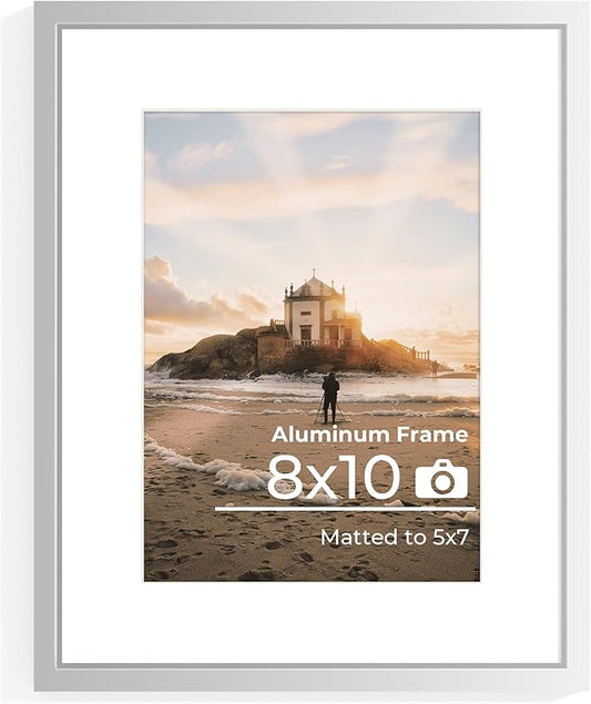 8x10 Picture Frame, High End Metal 8x10 Poster Frames with Mat 5x7 Photo, High Definition Plexiglass, 8 by 10 Durable Metal Frame for Wall or Tabletop Display, Set of 1,Silver