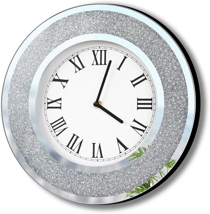DMDFIRST Bling Silver Round Mirror Clock 12inch. Glam Sparkle Twinkle Shining Mirrored Wall Clock for Wall Decoration Silver Glass Mirror Home Decor. AA Battery is not Included.