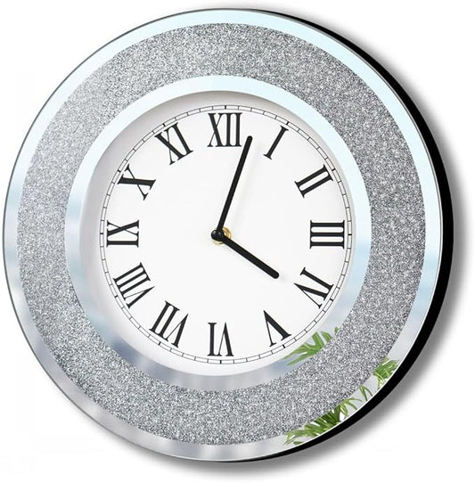 DMDFIRST Bling Silver Round Mirror Clock 12inch. Glam Sparkle Twinkle Shining Mirrored Wall Clock for Wall Decoration Silver Glass Mirror Home Decor. AA Battery is not Included.