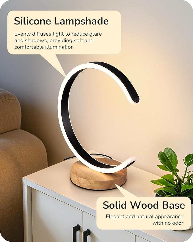 EDISHINE Modern LED Table Lamp, C-Shaped Bedside Lamp with 3 Color Temperature & Dimming, Upgraded Switch, Silicone Lampshade & Solid Wood Base, Nightstand Lamp for Living Room, Bedroom, Black
