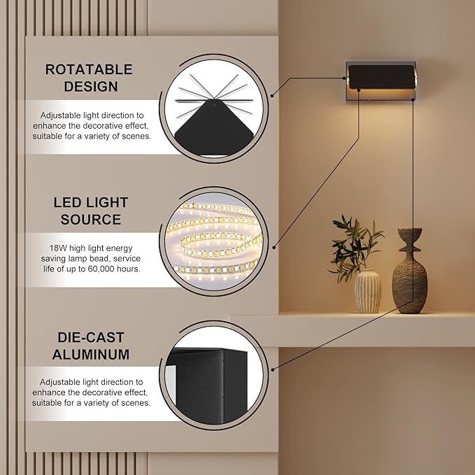 Indoor Modern Led Aluminum Wall Sconces,18W 5CCT 3000K-6000K Dimmable Hardwired Wall Light with Rotatable Lampshade,Contemporary Wall Lamp for Bedroom Living Room Hallway Stairway(Black,2Pack)