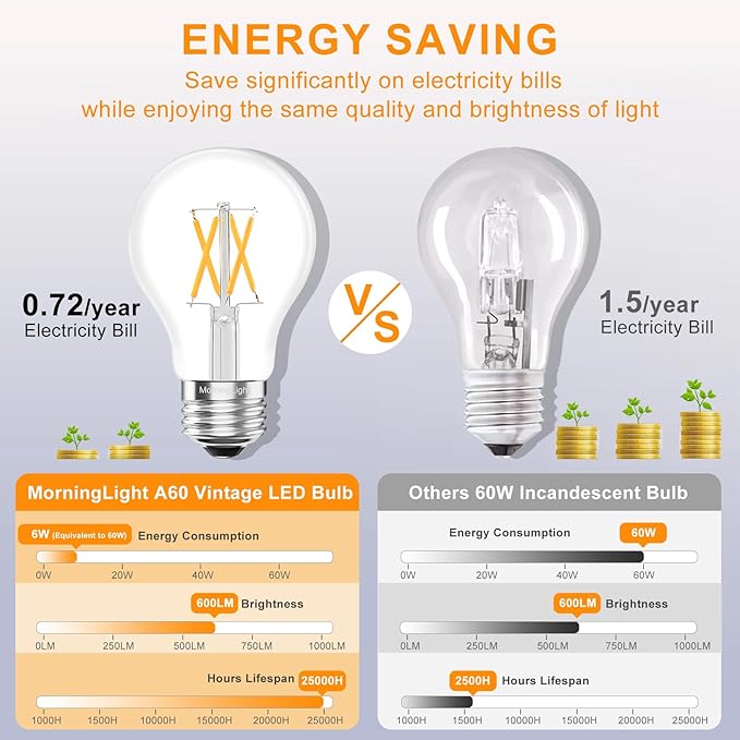 MorningLight 6 Pack Vintage A19 LED Edison Bulbs 60W Equivalent, 6W 2700K Warm White Dimmable Light Bulbs, A19 Antique Filament LED Bulbs for Farmhouse Pendant, Sputnik Chandelier, 600LM