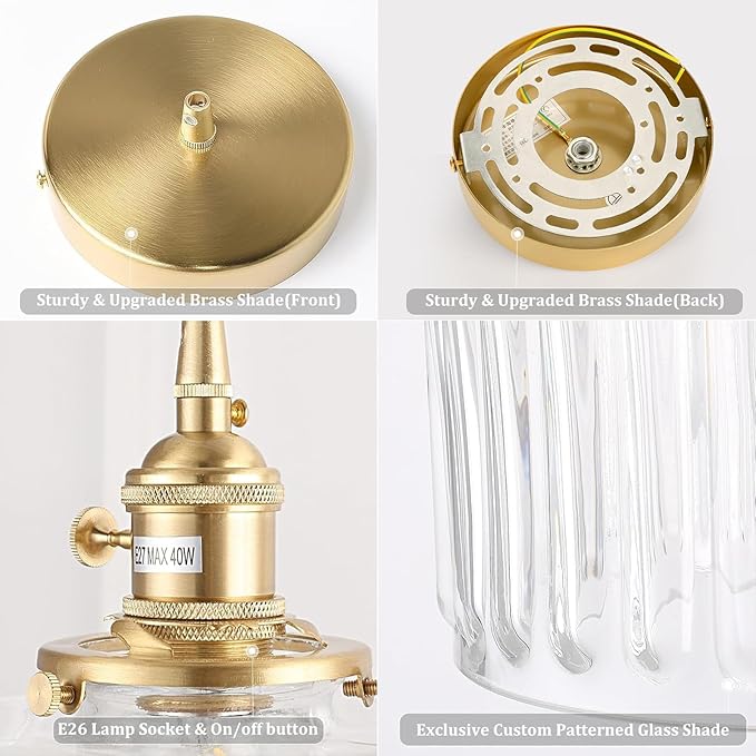 Pendant Light 2 Pack with Clear Striped Glass Lmapshade, Brass Vintage Pendant Light Adjustable Hanging Light for Kitchen Island Dining Room Hallway