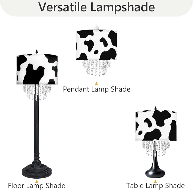Star Vision Black & White Cow Print Drum Fabric Lampshade with Acrylic Beaded Droplets, Modern Farmhouse Light Shade for Pendant, Table, Wall & Floor Lamps, Bedroom, Living Room & Entryway Décor
